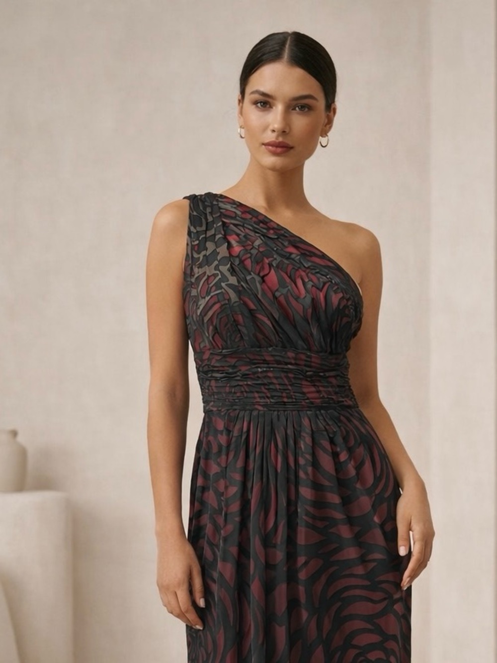Le Chateau One-Shoulder Black Red Midi Silk Evening Cocktail Prom Formal Dress